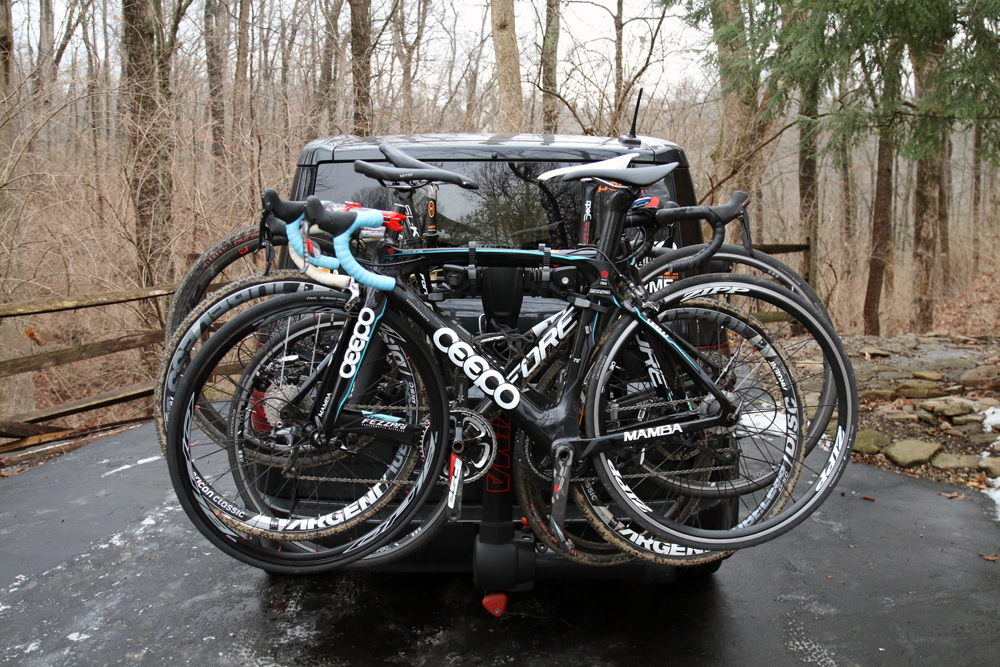 4 bikes loaded on the Yakima FullSwing hitch bike rack